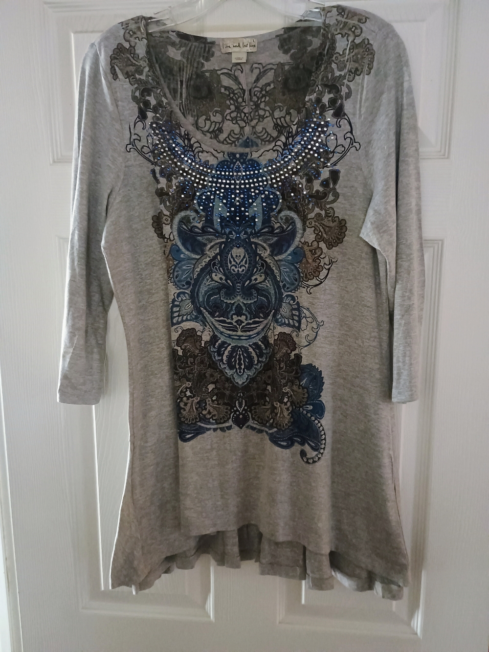 live and let live Gray Tunic with Blue and Brown Ornamental Print